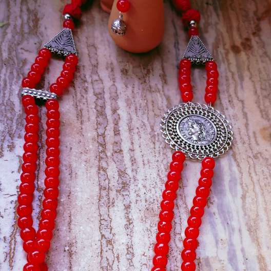 Red Bead Women Necklace with Chumka Earring